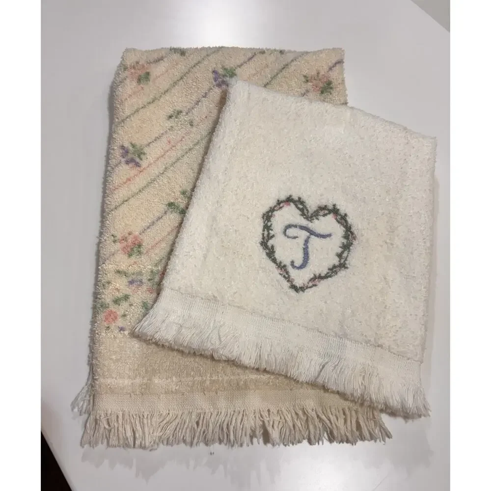 Vintage CANNON Monogrammed T Embroidered Hand Towel Pastel Floral Glam Set